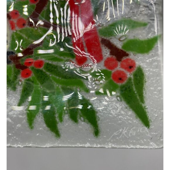 Peggy Karr Signed '05 Fused Glass Birds Holly Winter Design Approx 10"x 6" - Picture 10 of 11